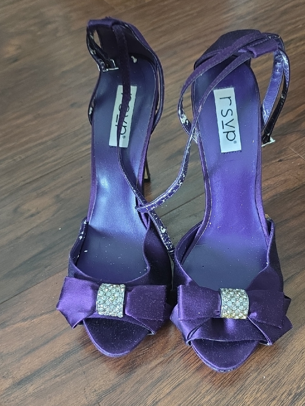 RSVP Purple Satin Open-Toe Bow Heels with Crystal Trim